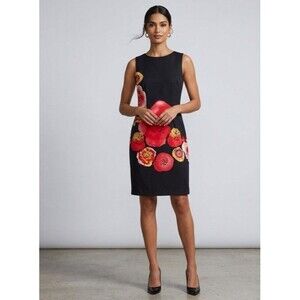 AB Studio Womens Dress Size 4 Black Red Yellow Floral Poppy Sleeveless Cocktail